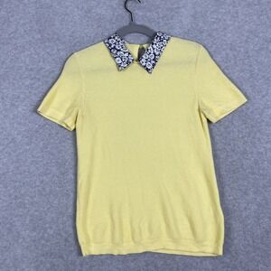 J.Crew Short Sleeve Sweater Womens S Yellow Textured Knit Floral Contrast Collar